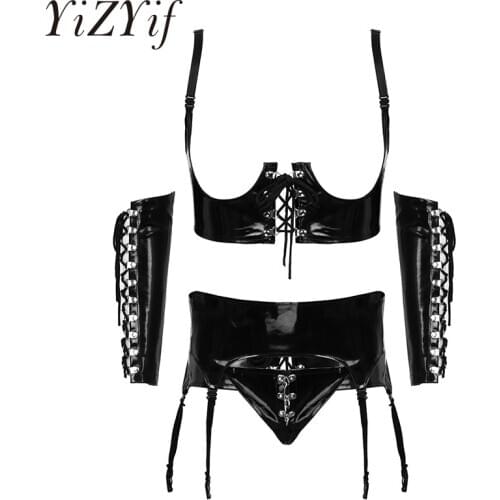 Womens Open Cups Patent Leather Lingerie Set Open Bust Underwired Lace Up Corset Top with Garter Panties G-string Thongs Sleeves
