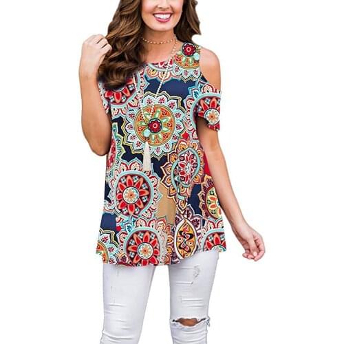 Women Chiffon Blouses Tops Off Shoulder Short Sleeve Floral Print Tee Spring Female Casual Ruffles Shirts Plus Size Blusas #DFGF