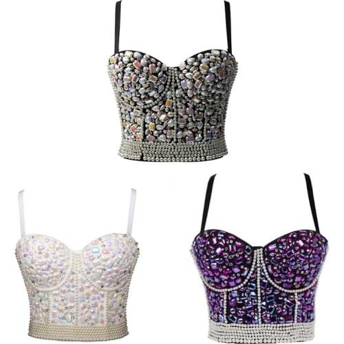 Womens Colorful Rhinestone Push Up Bra Bustier Pearl Beaded Underwire Camisole Sexy Punk Party Clubwear Corset Top