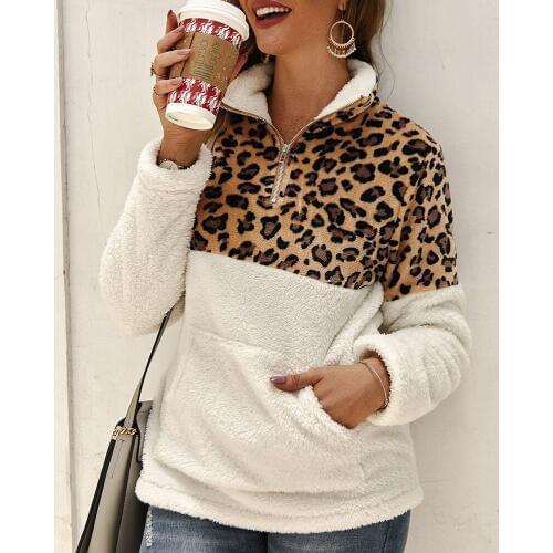 2019 Winter Fleece Sweater Women Leopard Patchwork Fluffy Thick Womens Sweater Warm Zipper Pullovers Women Pull Femme River