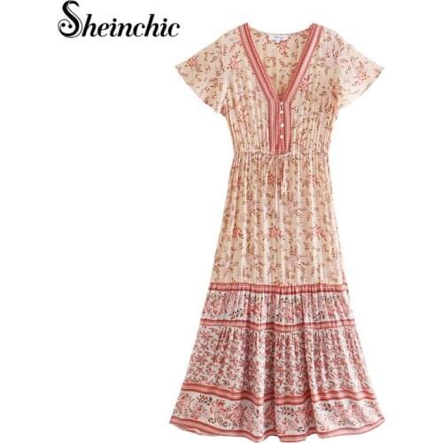 Runway Designers Dress Women 2021 Summer Bohemian V-neck Short Sleeve Floral Printed Long Dresses Boho Robe Longue