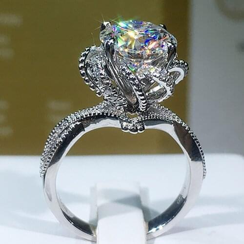 14K White Gold Women Wedding Party Engagement Ring 1 2 3 4 5 Carat Round Moissanite Diamond Ring Flower Rotate Spin Elegant