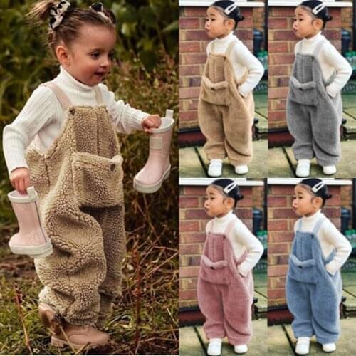 Winter Baby Girls Warm Suspender Trousers Curly Plush Solid Color Overalls with Shoulder Strap Pocket