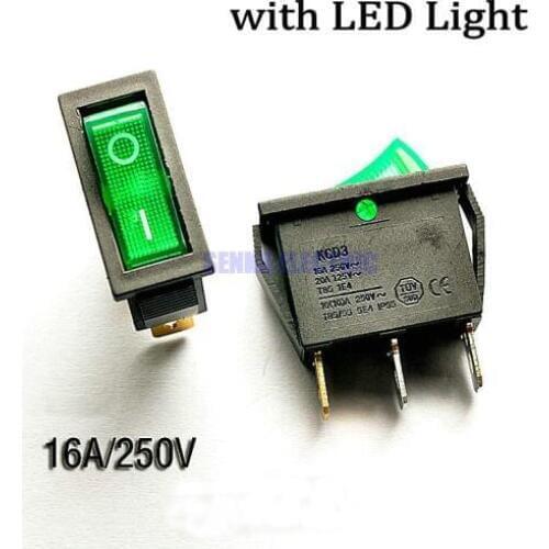 2pcs/lot 3 Pins ON/ON with Green LED Light 15A 250V/20A 125V Boat Rocker Switch 2 Positions Push Button Power Switches