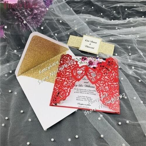 50pcs New Laser Cut Love Heart Wedding Invitations Cards with glitter envelopes, customized Elegant Wedding Invitation RSVP Card