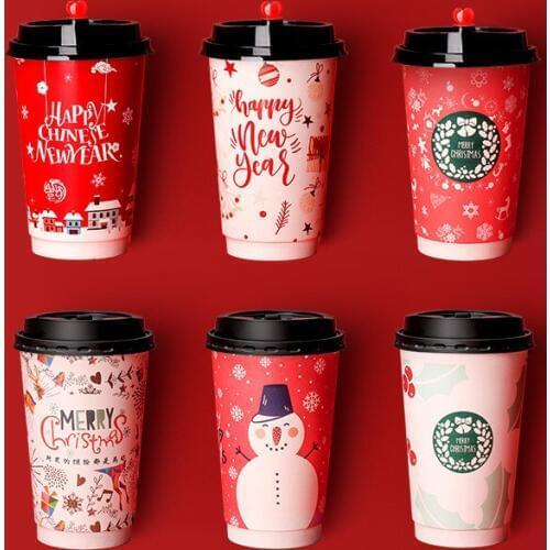 50pcs High quality double layer paper disposable coffee cup 500ml drink Christmas cup new year milk tea paper cup with covers