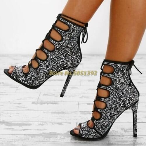 Black Rhinestones Lace Up Boots Stiletto Heel Peep Toe Ankle Boots For Party Night Club Hanging Out Crystal Studded Dress Shoes