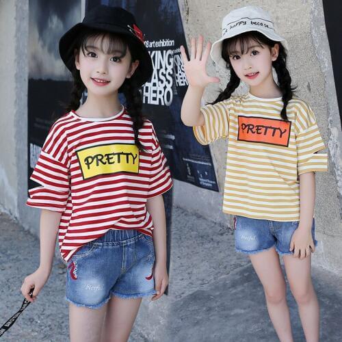 New Summer 2020 Child Cute Girls Cuhk Leisure Round Collar Back Striped Trend T-shirts Short Sleeves T-shirts