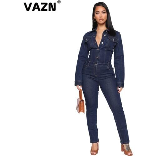 VAZN 2020 Hot Popular High-end Plus Size Denim Jumpsuits Elegant Office Lady Solid Full Sleeve Women High Waist Slim Jumpsuits