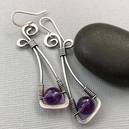 Tribal Ethnic Round Ball Purple Stone Earrings Boho Jewelry Silver Color Swirl Spiry Hollow Triangle Dangle Earring