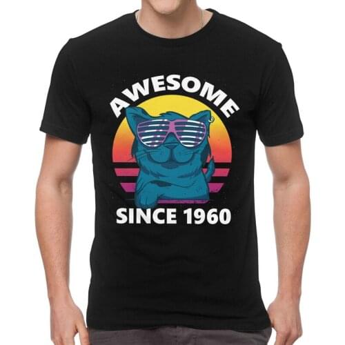 Awesome Since 1960 T-shirt Men Streetwear T Shirt Short Sleeve Cotton 60 Years Old Birthday Gift Cat Tshirt Urban Tee Top