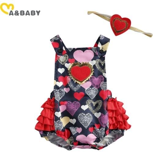 Ma&Baby 0-24M Valentines Day Outfits Toddler Infant Baby Girl Heart Romper Ruffles Red Jumpsuit Overalls Sunsuit