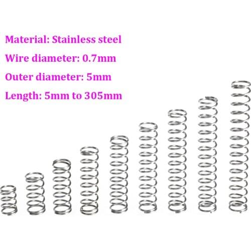 Wire Dia 0.7mm Stainless Steel Compression Spring OD 5mm Pressure Spring Length 5mm - 305mm