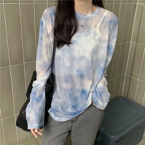 Summer Korean thin mesh micro-transparent retro tie-dye loose lazy wind long-sleeved sunscreen t-shirt women