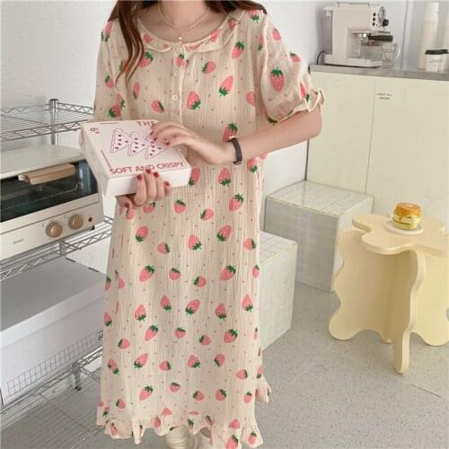 Strawberry Print Summer Nightgown Women Korean Kawaii Vintage Long Sleepwear Ruffles Buttons Short Sleeve Homewear Cotton