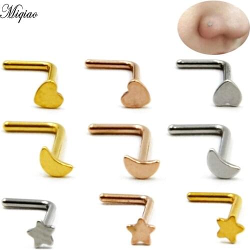 Miqiao 2pc Stainless Steel L Curved Rod Nose Decoration Mini Nose Nail Moon Five-Star Love Heart-shaped Nose Ring Unisex