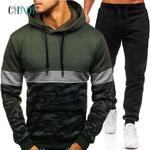 2021 Autumn Winter Tracksuit Men Sets Patchwork Print Hoodies + Pants 2 Piece Set Hoody Men Sweatshirt Sport Sweatpants Suit