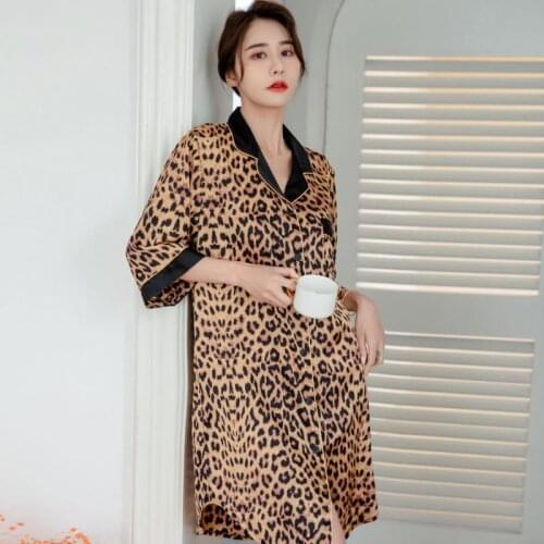 Sexy Printed Leopard Nightgown Women Loose Casual Bathrobe Sleepwear Summer New Mini Shirt Skirt Nightdress Thin Soft Home Wear