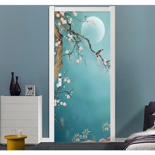 New Classical Hand-painted Plum Blossom Bird Door Sticker Living Room Study Room Wallpaper PVC Self-Adhesive Door Decals Murals