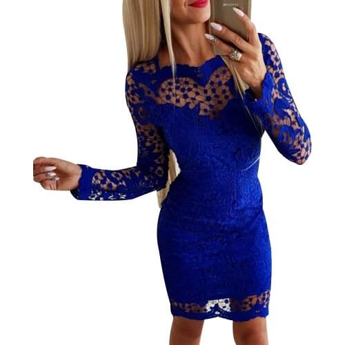 Lace Solid Sexy Women Dress Fashion Hollow Out Long Sleeve 2020 Autumn Elegant Slim Sheath Simple Party Dresses