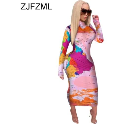 World Map Print Fashion Party Club Dresses Women Sexy High Necked Long Sleeve Package Hip Dress Fall Stretchy Skinny Robe Femme