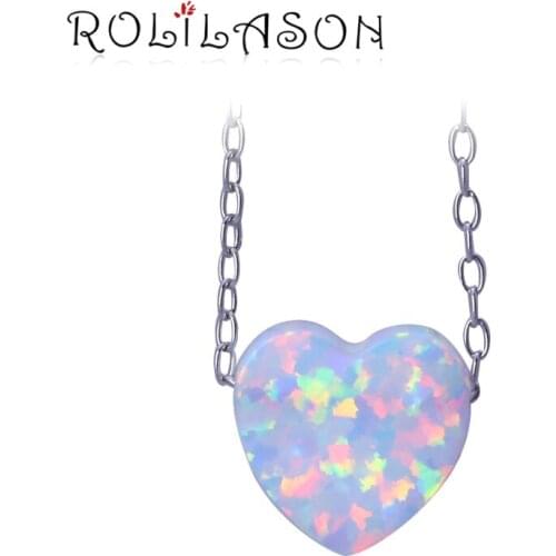 ROLLASON 925 sterling silver necklace pendant Wedding design Heart-shaped white fire opal for women OPS739
