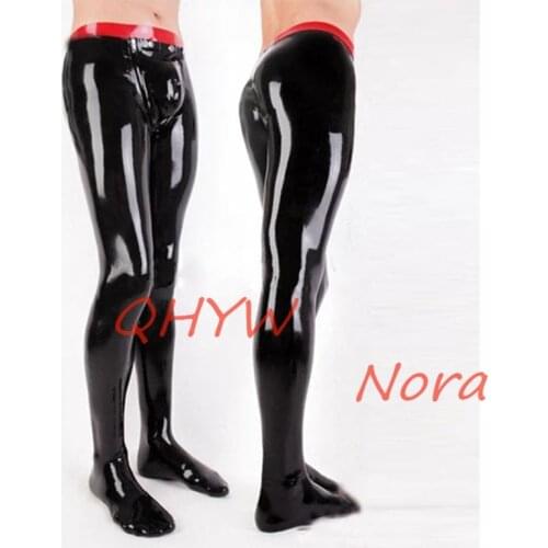 Sexy Black Latex Men Pants Codpieces with Socks Front Zipper Rubber Trousers Jeans Customize