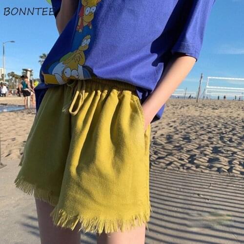 Shorts Women Casual Summer Elastic High Waist All-match Loose Korean Style Linen A-line Wide Leg Trousers Solid Tassel Fashion