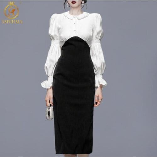 SMTHMA New Fashion Autumn Light Luxury Temperament Dress Womens Slim Waist Flare Long Sleeves Elegant Office Patchwork Dress