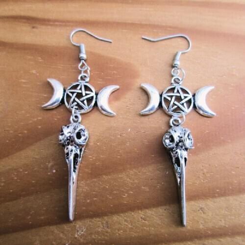 Triple Moon Bird Crow Skull Earrings And Silver Color Magic Witch Pagan Gothic Pentacle Occult Wicca Jewelry Punk Women Gift New