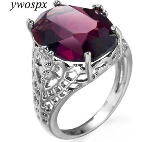 YWOSPX Romantic Red Zircon Hollow Anillos Silver Color Rings for Women Jewelry Wedding Anel Engagement Big Stone Ring Gifts Y30