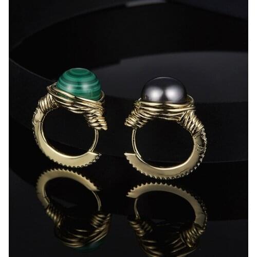 SLJELY 925 Sterling Silver Asymmetric Yellow Gold Color Stones Intemporel Malachite & Grey Pearl Earrings Women Fine Jewelry