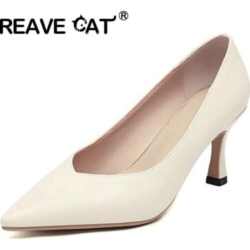 REAVE CAT New 2021 Women Pumps Pointed Toe 7.5cm Block Heels Sexy Slip-On Classic Big Size 48 Casual Office Black Beige A3792