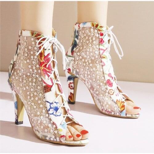 AGODOR Women Sandals Thin High Heels Peep Toe Sandals Party Shoes Floral Print Zipper Summer Boots Lady Spring Plus Size 33-44