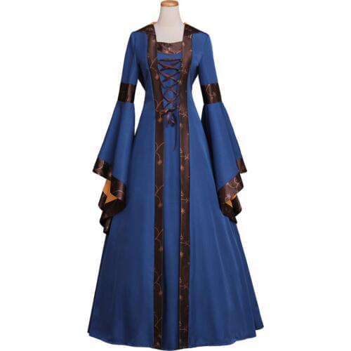 Womens Tailed Lace-up Trumpet Sleeve Victorian Medieval Dress Blue Classic Renaissance Hooded Dress Custom Made