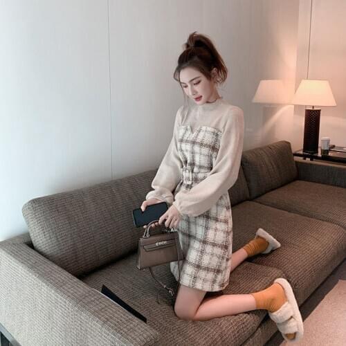 2021 New Spring Knit Dress Women Vintage Winter Fake Two Pieces Small Fragrance Style Bottoming Dress Korean Style Slim Vestidos
