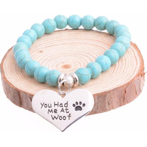 12PC/Lot You Had Me At Woof Cat Dog Pet Paws Heart Charms Bracelet Women Men Friends BFF Jewelry Gift Natural Stone Beads Bangle