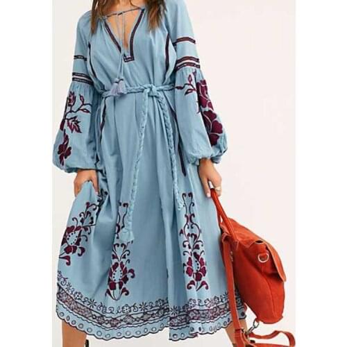 2021 Bohemian Womens Dresses Lantern Long Sleeve Holiday Beach Dress Embroidery Chic Midi Dress Cotton Gypsy Mujer Vestidos