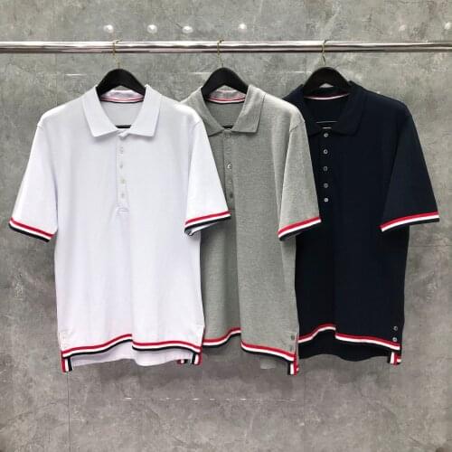 2021 New Fashion TB THOM Brand Polo Shirts Men Casual Striped Cotton Solid Polo Summer Short Sleeve Loose Polo Clothing