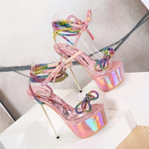 2021New Women 17cm Super High Heels Bowknot Rhinestone PVC Sandals 6cm Platform Fetish Lady Summer Lace Up Stripper Party Shoes