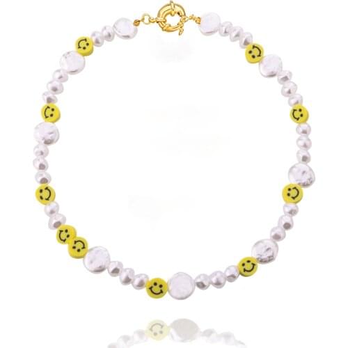 45cm/17.7inch Choker Necklace for Women Smiley Face Imitation Pearls Colorful Beaded Short Necklaces Female 2021 Fashion Jewelry