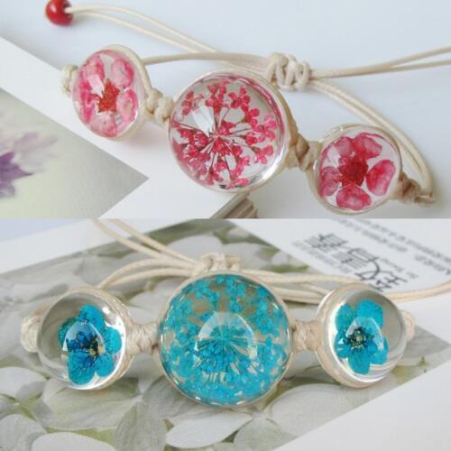 Big Dried Flower Bracelet Glass Ball Weave Lucky Flower Handmade Woven Glass Beads Adjustable Bracelets Bangles Gift for Girl