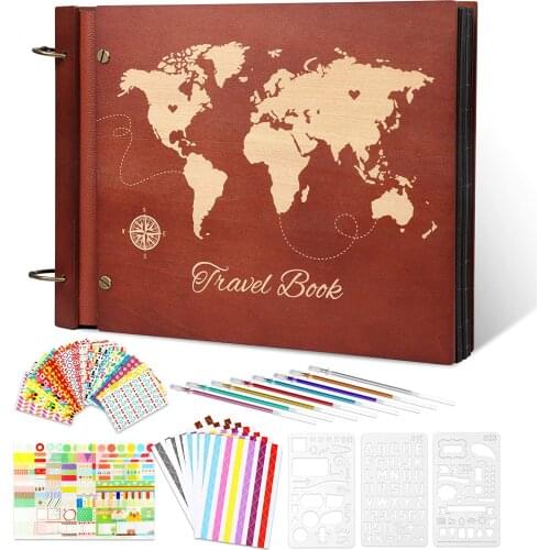 Photo Album Scrapbook,Wooden World Map Travel Photo Album Book, DIY100 Pages,Gift for Wedding, Travelling, Baby Shower