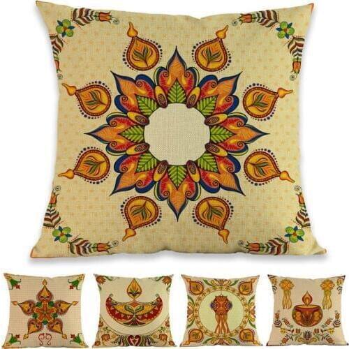 Indian Traditional Festival Happy Diwali Kandil Lamp And Diya Pattern Pillow Case Home Sofa Decoration Cushion Cover