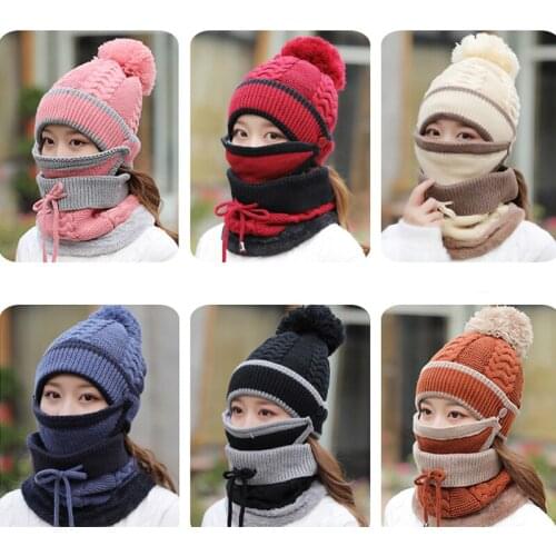 New Winter Scarf Hats for Women Thick Warm Mask Fleece Inside Knitted Cap Scarf Set Fashion Outdoor Riding Hat шляпа женская