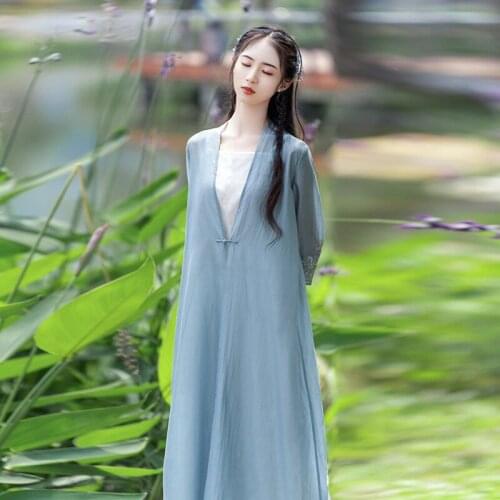 Chinese Vintage Style Hanfu Long Sleeve Floral Embroidery Cuff Loose Tradisional Cardigan Solid Color Sling Wide Leg Pants Sets