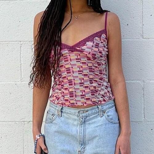 Kili Aesthetic Cute Lace Trim Crop Top Women Chic Print Kawaii Y2K Summer Tops Sleeveless V Neck Sexy Tanks