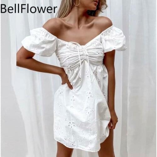 Summer Embroidery Mini Dress Women Puff Sleeve Sexy V-Neck Casual Lace Solid Folds Elasticity Korean Fashion French Dresses 2021