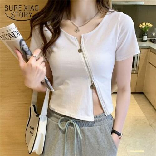 2021 Summer New Korean Short Slim T-shirt Oblique Zipper Cardigan Pure Cotton Short Sleeve T-Shirt Top Casual Fashion 15055