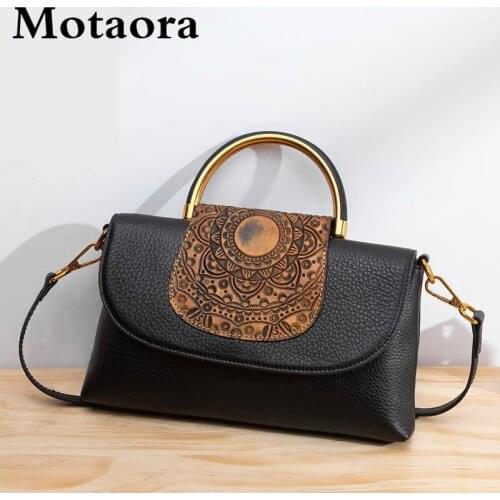 MOTAORA Vintage Women Bag Luxury Genuine Leather Handbag Ladies Handmade Embossed Small Flap Bag Retro Female Top-handle Bags